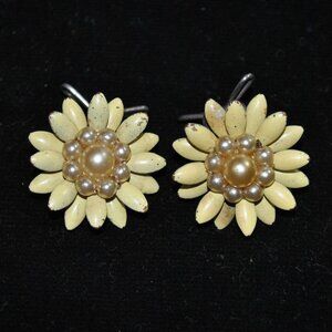 Vintage 1940s Sterling Yellow Enamel Flower Judith McCann Wingback Earrings